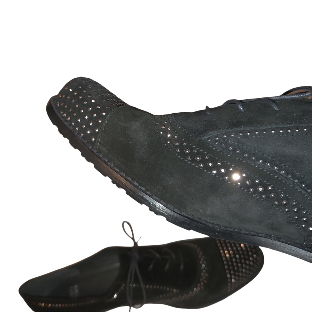 Stuart Weitzman Leather Suede Lace Up Studded Heeled Oxford Loafers - Picture 7 of 16